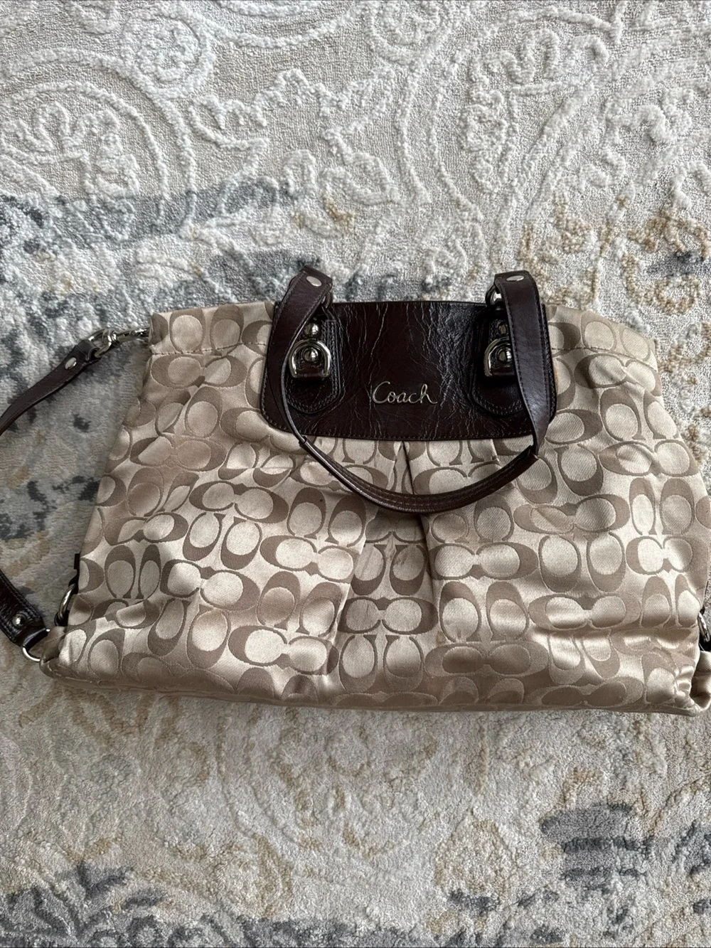 Coach Beige Signature Tote with Dark Brown Leather Trim